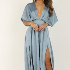 Showpo - Save it for later dress- dusty blue satin
